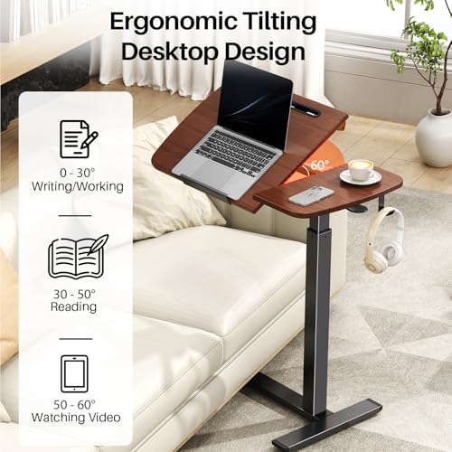 Overbed Table with Wheels, Pneumatic Height and Tilting Desktop | Top Tilts 0-60° with Anti-Slip Stops, Hook, Capacity 66 lbs, 1.18 in Low-Profile Base Slides Easily Under Beds and Sofa - color: Brown