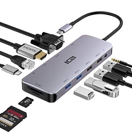 USB C Multiport Hub, ICZI 11 in 1 Type C Adapter with Ethernet Port, 4K HDMI, VGA, USB 3.0 Ports, 100W Power Delivery Charging, SD/TF Card Reader for MacBook Pro Air, Laptops, Logitech Webcam