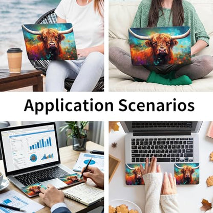 Laptop Skin Sticker 3-Piece Set,Highland Cow and Flowers | Trim-to-fit 3-piece vinyl set with one 15 x 10.6 in lid skin and two palm-rest decals for many 12-15.6 in laptops - color: Highland Cow And Flowers