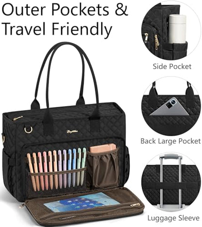 Bagstellar Teacher Tote Bag for Women, 15.6" Laptop Work Tote Computer Bag | Quilted Bible Nurse Bag with 40oz Cup Holder, Insulated Pocket & Strap, Large Laptop Briefcase for School Travel Office Gifts - color: Black