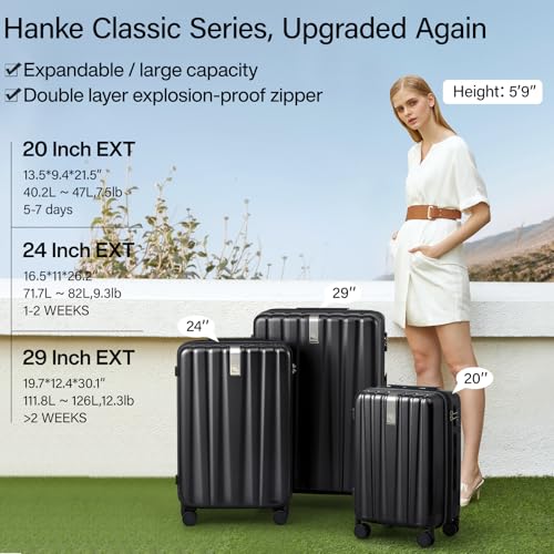 Hanke Expandable Hard Shell Luggage Sets 2 piece Carry on Luggage with Wheels Suitcases Lightweight Checked Travel Luggage Rolling Large Suitcase Travel Luggage Bag Woman Men 20/29 Inch(Jet Black) - color: Jet Black, size: Expandable 2 piece Set（20/29）