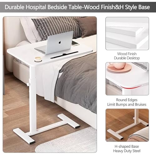 BeGyoku Overbed Table,Over The Bed Table with Hidden Wheels&Cup Holder,Adjustable Bedside Table and Rolling Table Tray&Laptop Cart,Hospital Table Over Bed for Home Use (White) - color: White