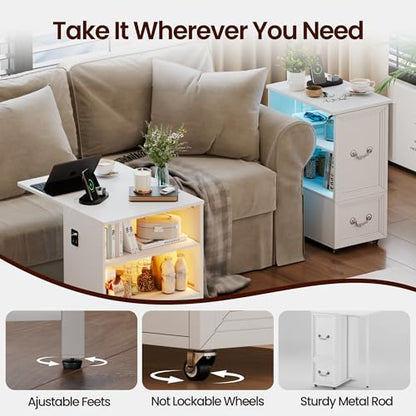 Lareth Rolling Side Table with Wheels, Led Lights & Charging Station | Foldable Desktop Narrow End Table, 1 Drawer, 2 Bookshleves, 27.56"H Tall Nightstand for Small Space, Living Room, White - color: B White