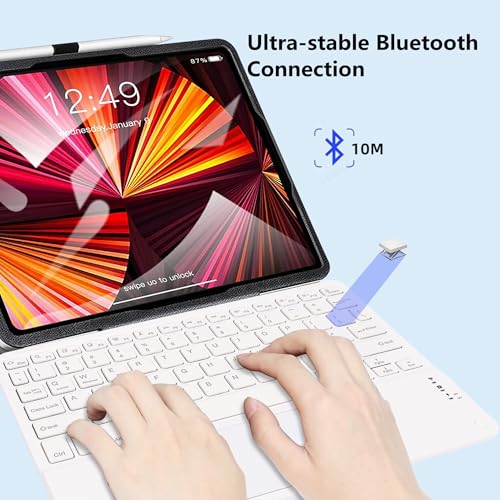 Wireless Backlit Bluetooth Keyboard with Touchpad,10 inch Ultra Slim 7Colors Backlit Portable Rechargeable Keyboard with Trackpad for IPad/IPad Pro iOS Android Tablets Windows Laptop PC(White) - color: white