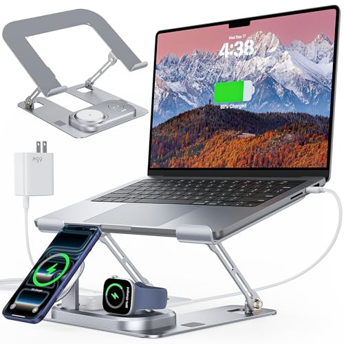 Meifigno Laptop Stand with Wireless Charging Station Base, Foldable Aluminum MacBook Holder with MagSafe Charger for iPhone/iWatch/AirPods, 30W USB-C Wired Charging for Laptop/iPad, with 65W Adapter