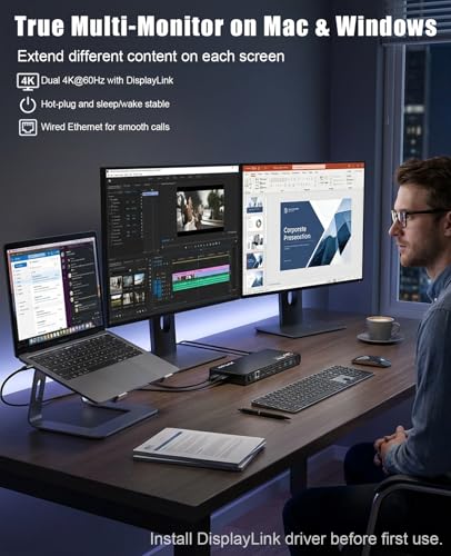 WAVLINK Displaylink Docking Station Dual 4K@60Hz Monitor for Mac, Windows | Universal For USB 3.0/USB-C Laptop, 2 HDMI/DP, Gigabit Ethernet, USB 3.0, Ideal for Home, Office & Multi-Screen Productivity.