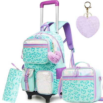 Meetbelify Girls Rolling Backpack with Wheels - Cute Kawaii Carry On Backpack for Elementary Students - Lunch Box Included - Travel Suitcase for Girls 8-10 - color: Love Green