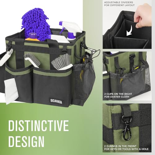 SCAVATA Compact Wearable Cleaning Caddy with Handle & Shoulder Straps | Small Cleaning Supplies Organizer, Under Sink & Car Cleaning Tools Storage Bag for Housekeepers Cleaners, Armygreen - color: Armygreen