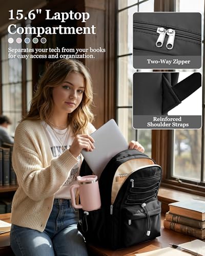 suwasp College Backpack for Women, Waterproof Laptop Backpack Fits 15.6 Inch Laptop, School Bookbag with Water Bottle Pocket, Anti Theft Work Backpack for College, Travel, Commuter, Black - color: Black