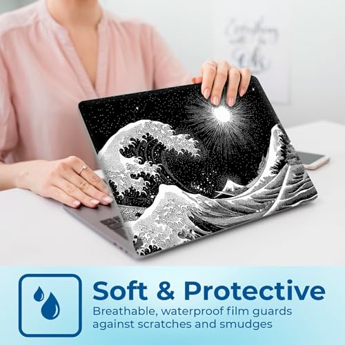 Reusable Universal Laptop Skin Sticker, Cut to Fit for 11.6–15.6 Inch Laptops, Waterproof Protective Film, No-Residue - Black Wave - color: Black Wave