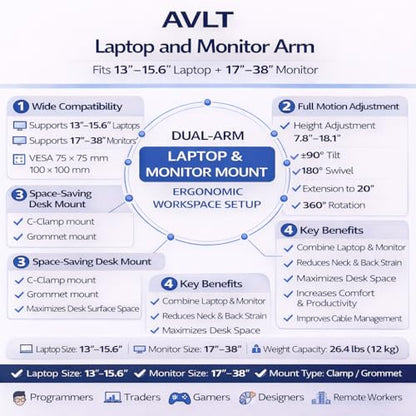 AVLT Laptop & Monitor Arm Desk Mount for 17-38" Screens - Black | Supports flat/curved/ultrawide screens up to 26.4 lbs. Smooth mechanical spring, 15.6" laptop tray and clean cable routing - size: Laptop & 38 Inch Monitor Arm
