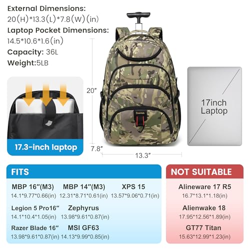 Boavan Rolling Backpack,17 inch Water Resistant Wheeled Backpack,Carry on Luggage Business Bag, Overnight College Computer Bag Trolley Suitcase for Men Women Adults to Travel - color: Army Camo, size: 17.3 inches
