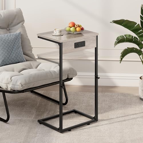 C Shaped End Table with Charging Station, Adjustable Height Side Table for Couch,Small Side Table Small Spaces,33.2'' Tall Couch Tables that Slide Under, Tv Tray Table for Living Room, Greige - color: Greige (1 Pack), style: With Plug
