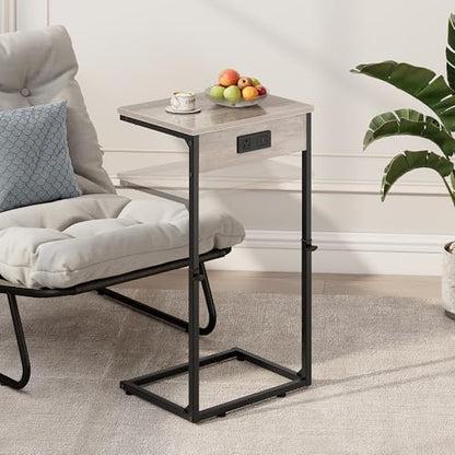 C Shaped End Tables Set of 2 with Charging Station, 33.2'' Tall C Table Adjustable Height Side Table, Small Side Table for Small Spaces, Couch Sofa Table TV Tray for Living Room, Greige - color: Greige (2 Pack), style: With Plug