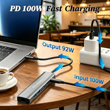 7-in-1 USB-C Hub with Gigabit Ethernet, 100W PD Fast Charging, 4K@30Hz HDMI Adapter, 2 USB 3.0 Ports, SD/TF Card Reader, and Aluminum Alloy Portable Docking Station for laptops/Phones (30Hz) - size: 30Hz