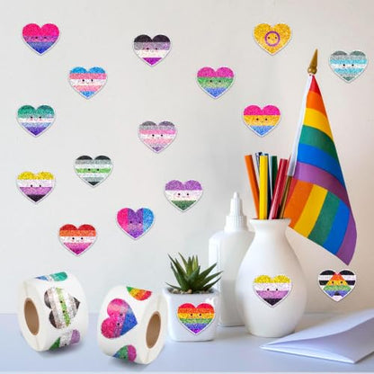 LGBTQ Glitter Heart Sticker - 2Rolls Pride Month Smile Design Waterproof Self Adhesive Residue Free Removal for Laptop Water Bottle Scrapbook LGBTQ Gay Bar Party Decoration Craft Decor - style: LGBTQ Glitter Heart