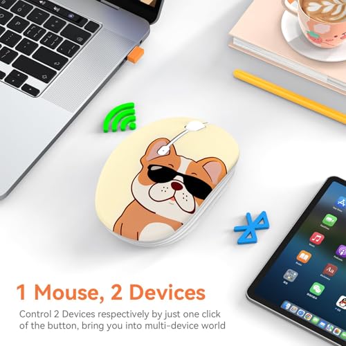 FMOUSE Cute Wireless Mouse, Bluetooth & 2.4GHz Dual Mode with USB Receiver, Silent Click, AA Battery Powered, for Kids Students Teen Girls, Compatible with Laptop Mac iPad PC (Cool French Bulldog) - color: Cool French Bulldog