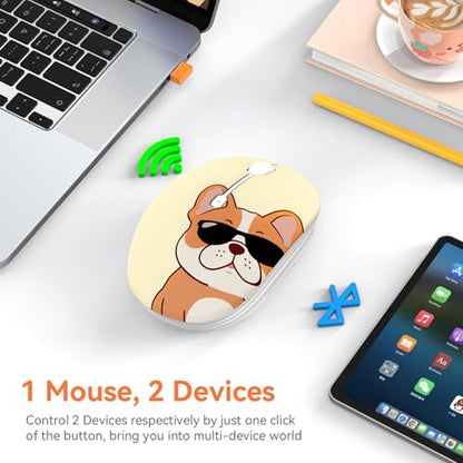 FMOUSE Cute Wireless Mouse, Bluetooth & 2.4GHz Dual Mode with USB Receiver, Silent Click, AA Battery Powered, for Kids Students Teen Girls, Compatible with Laptop Mac iPad PC (Cool French Bulldog) - color: Cool French Bulldog