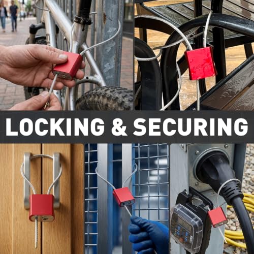 Cable Padlock Free Adjustable Lock 3 Keys, 3.28ft/1m Red | Steel Cable 1/6"(4mm)Diameter, Lock & Secure, Weatherproof for Bikes, Lockers, Gate, Fence, Shed, Outdoor Equipment etc - color: Red- 3.28ft(1m)