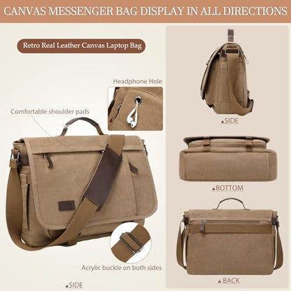 17.3 Inch Messenger Bag for Men: 2PCS Laptop Bag PU Leather Canvas Work Briefcase Large Office - color: Canvas Brown Khaki