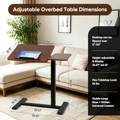 Adjustable Overbed Table with Wheels, Rolling Laptop Table for Bed & Sofa | Height Adjustable 26.38"-42.52" Hospital Bed Table with Tilt Tray for Laptop, Eating, Working, Reading & Home Office - color: Brown
