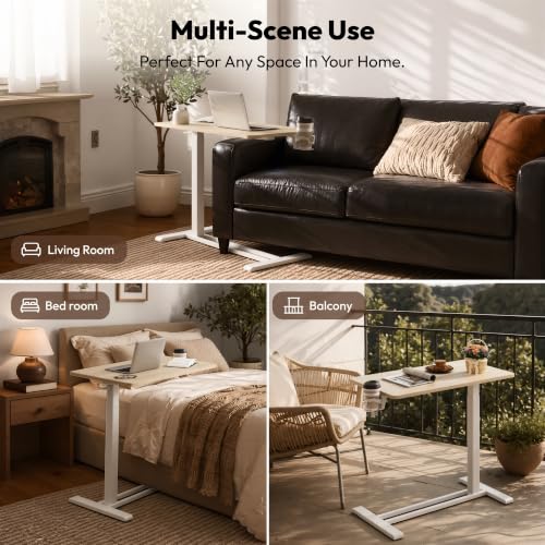 SANODESK 32''Pneumatic Adjustable Overbed Bedside Table with Hidden Casters | Medical Mobile Side End Table Laptop Computer Standing Desk Cart with Tray, Hospital and Home Use,31.5"W x 17.7"D,Wood Grain - color: Wood Grain, size: Large