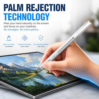 Active Pen for HP Omnibook Envy x360 Spectre Pavilion, Palm Rejection | 1024 Pressure Levels, 300-Day Battery, Dual Side Button, No Bluetooth, MPP 1.51 for Drawing & Note-taking - color: Platinum