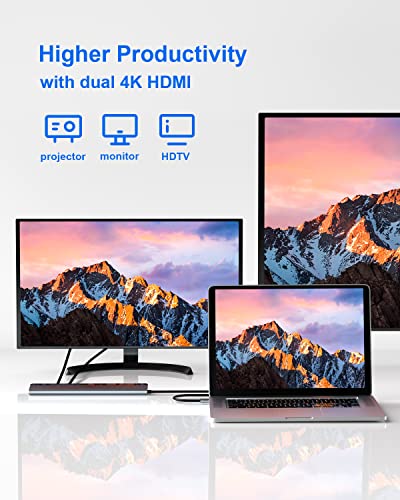USB C Docking Station Dual Monitor with Power Adapter: NewQ 12-in-1 Thunderbolt 3 | 4 Dock, Dual 4K HDMI, 4 USB, Audio, Ethernet, SD/TF Slot, 18W PD Out, for Mac, HP, Dell, Lenovo, Surface, Asus, Acer - size: NQ-DK-02-Standard