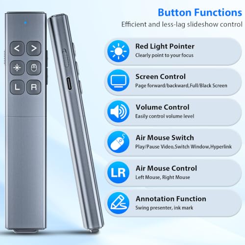 Presentation Clicker with Air Mouse, RF 2.4GHz PowerPoint Clicker for PPT | Rechargeable Wireless Presenter Remote, 2-in-1 USB Type C Presentation Clicker Slide Advancer