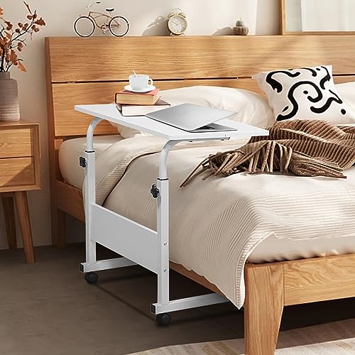 Karl home Mobile Side Table 31.5 inch Computer Desk with Wheels, White | Height Adjustable Rolling Potable Laptop Cart, C-Shaped Bed Couch Sofa End Tables with Edge Stopper for Livingroom Bedroom - color: White, size: 31.5"+No Power Sockets