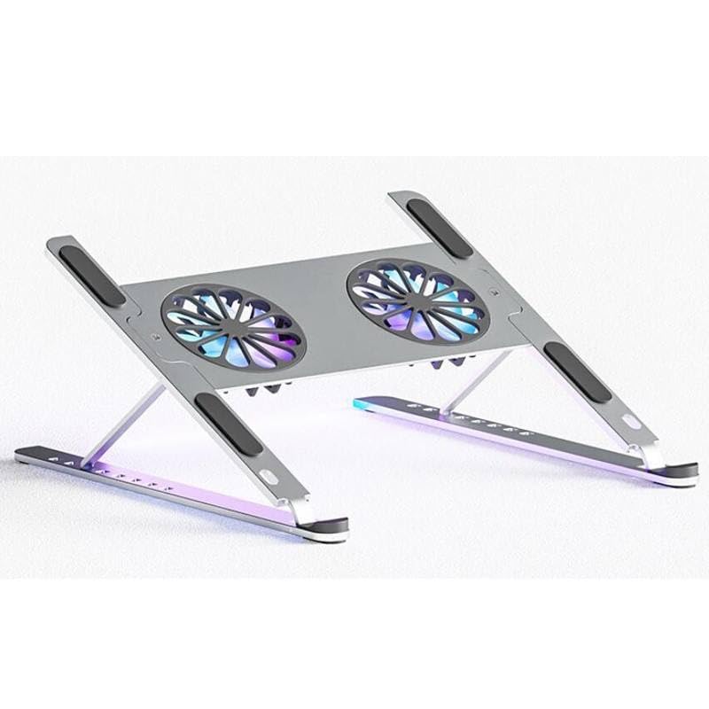 Adjustable Laptop Cooling Pad with Dual RGB LED Fans, Silver Aluminum Stand, USB Powered, Height Adjustable Ergonomic Design