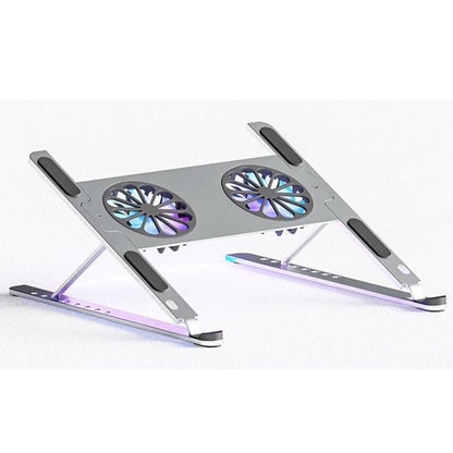 Adjustable Laptop Cooling Pad with Dual RGB LED Fans, Silver Aluminum Stand, USB Powered, Height Adjustable Ergonomic Design