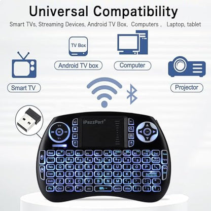 iPazzPort Mini Bluetooth & 2.4GHz Wireless Keyboard with Touchpad Mouse, 3-Color Backlit Portable, Rechargeable, for Smart TV/Fire TV/Android TV Box/PC/Mac/Raspberry Pi