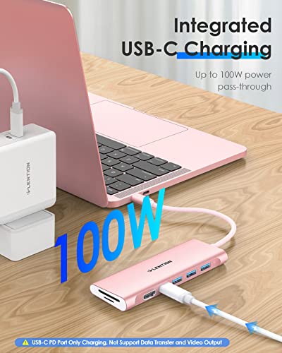 LENTION 7-in-1 USB C Hub, 3 USB 3.0 Ports, 4K@30Hz, 100W PD, Card Readers | Ideal for Work & Study, Stable Driver 3.0 Certified, Compatible with macOS, iOS/iPadOS, Windows & ChromeOS (C36B, Rose Gold)