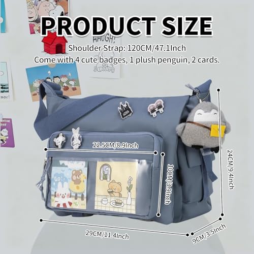 Kawaii Crossbody Ita Bag for Women with Pin and Plush Penguin, Cute Messenger Bag Japanese Crossbody Bag Y2K Purse - color: Blue, size: Medium-Compact