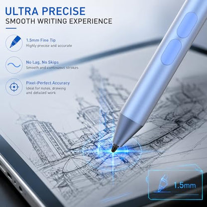 Active Pen for Surface Pro 11/10/9/8/X, Laptop, Book - 2500H Battery | MPP Stylus for Surface Go, Studio, Kobo HP ASUS, Palm Rejection, 1024 Pressurel for Students Artists Drawing Note-Taking - color: Azure