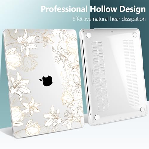 DONGKE Compatible with MacBook Air 13 inch Case 2021 2020 2019 2018 Release A2337 M1 A2179 A1932 with Retina Display Touch ID, Plastic Hard Shell & Keyboard Cover - Golden Florals - color: Golder Florals X482