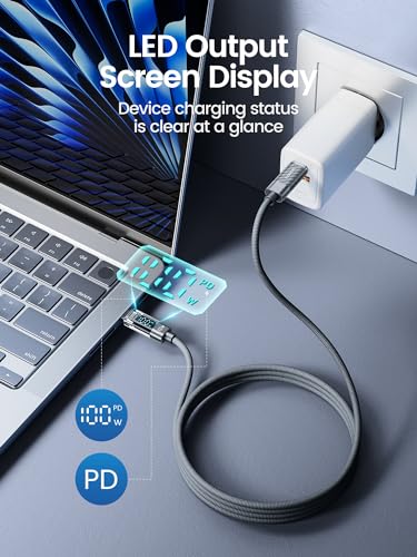 toocki USB C to USB C Cable with LED Display 100W 3.3ft, 2Pack | Fast Charging, Nylon Braided, Grey, Compatible with iPhone 17/16, MacBook Pro, Galaxy S25 - color: Grey, size: 3.3+3.3ft