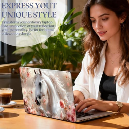 Universal Laptop Skin Sticker Decal,15.6 Inch Laptop Vinyl Cover for 13" 14" 15.6" Laptop,Scratch-Resistant Waterproof Protector Wrap,Reusable with Wrist Pads,Rose White Stallion - color: Rose White Stallion