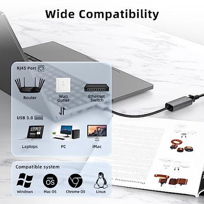 USB 3.0 Ethernet Adapter, WALNEW 1000Mbps Gigabit USB to Ethernet LAN Network Adapter, Aluminum USBA Male to RJ45 Female Cable Converter for MacBook,Chromebook,Surface, Laptop,Desktop,PC | Plug & Play, USBA to RJ45 Female LAN for MacBook, Chromebook, Surf