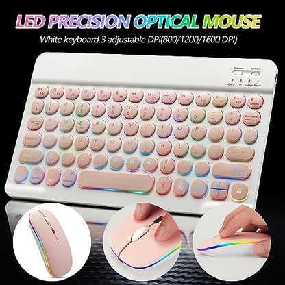 Bluetooth Keyboard and Mouse Combo for iPad - Rechargeable Wireless Keyboard & Mouse with 7-Color Backlit Compatible with iPad 9th/8th Gen, iPad Pro/Air/Mini, iPhone14/13/12 Pro, Round Keys Pink - color: pink