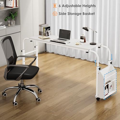 Overbed Table with Wheels,60.6-84.2 inches Mobile Bed Desk, White | Rolling Computer Desk with 0-65°Tilt Stand,4 Heights and 6 Lengths,Side Storage Basket,for Home,Office and Hospital - color: White