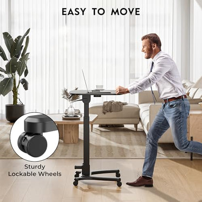 BONTEC Mobile Foldable Standing Desk, Portable Adjustable Height Desk with Gas Spring, Small Rolling Laptop Desk with Wheels for Home, Office, Bedroom, and Medical Use, 25.6" x 19.7" Desktop, Black - color: Black