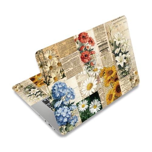 PLIGREAT 15 Inches Vintage Floral Laptop Decals Sticker Skin Cover, Newspaper Flower Laptop Skin Sticker Decal Fits 12" to 15" Laptops Universal Waterproof Removable Notebook Protector, Beige White - color: Beige White