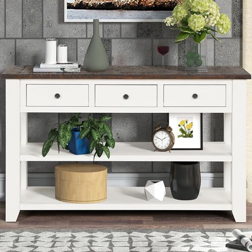 48’’ Modern Farmhouse Wood Entryway Console Table w/Storage, Antique White | 3-Tier Sofa Table Behind Couch, 3 Drawers, 2 Open Shelves, Easy Assembly, for Living Room, Dining, Hallway - color: Antique White