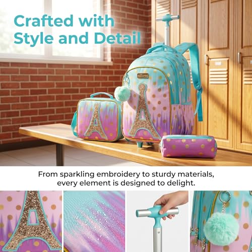 School Bags Kids Rolling Backpack for Girls Kids Luggage Suitcase With Wheels - color: Sky Blue-l
