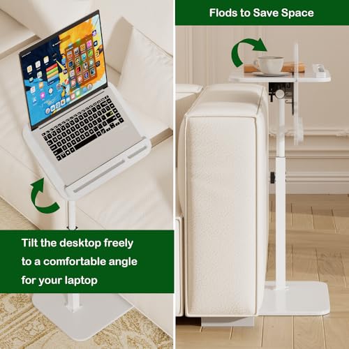 Adjustable Bamboo C-Shaped Side Table with 360° Swivel Top | Height-adjustable Bamboo Side Table Swivels 360° Beside a Couch, Bed or Chair for Working, Eating, Reading and Daily Use. - color: White
