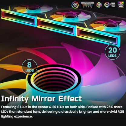 7 Pack ARGB Fans, 4 Forward Fan +3 Reverse Fans， Intelligent Temperature Control (PWM), Fan Speeds Up to 1550 RPM with 28 LED Lights,120 mm RGB Cooling，Black