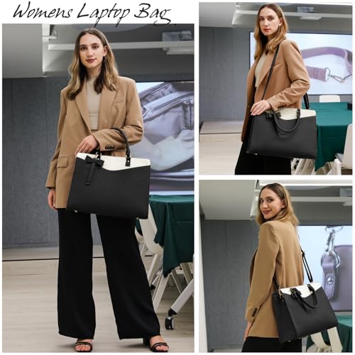 RAINSMORE Laptop Bag for Women 15.6 Inch PU Leather Laptop Tote Professional Business Office Work Bag Waterproof Briefcase Computer Tote Bag Large Lightweight Handbag Shoulder Bag - color: Black and Beige