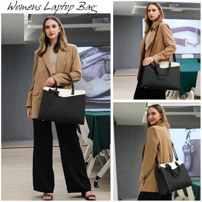RAINSMORE Laptop Bag for Women 15.6 Inch PU Leather Laptop Tote Professional Business Office Work Bag Waterproof Briefcase Computer Tote Bag Large Lightweight Handbag Shoulder Bag - color: Black and Beige